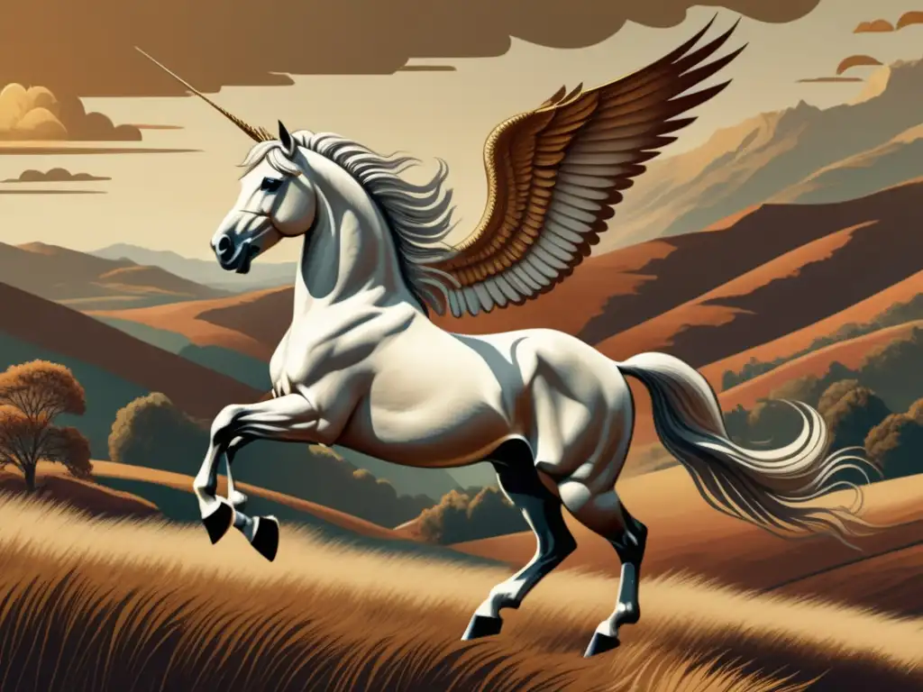 Pegasus, el mítico caballo alado, en una imagen de alta resolución estilo arte vintage