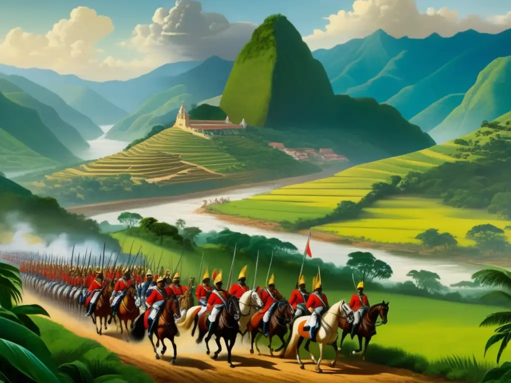 Pintura histórica de la conquista de Colombia: Sebastián de Belalcázar liderando sus tropas en paisaje colombiano