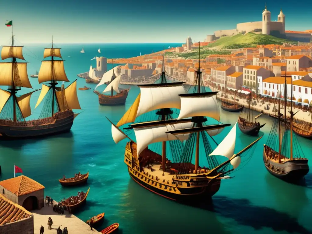 Escena portuaria del siglo XV con barcos, arquitectura histórica y comercio, reflejando el impacto de Cristóbal Colón y el Nuevo Mundo