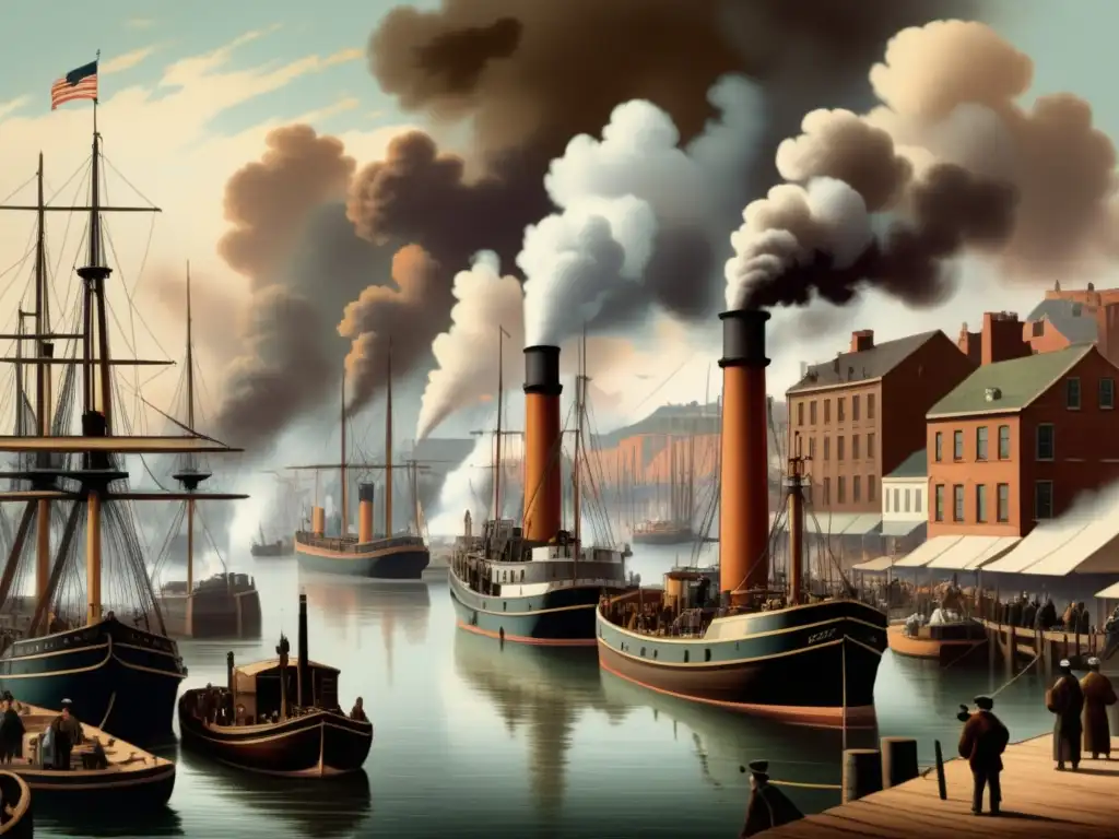 Un bullicioso puerto del siglo XIX con barcos de pesca vintage Los Barcos de Pesca en el Siglo XIX: Un vibrante puerto con embarcaciones steampunk, pescadores ocupados y un encantador pueblo costero
