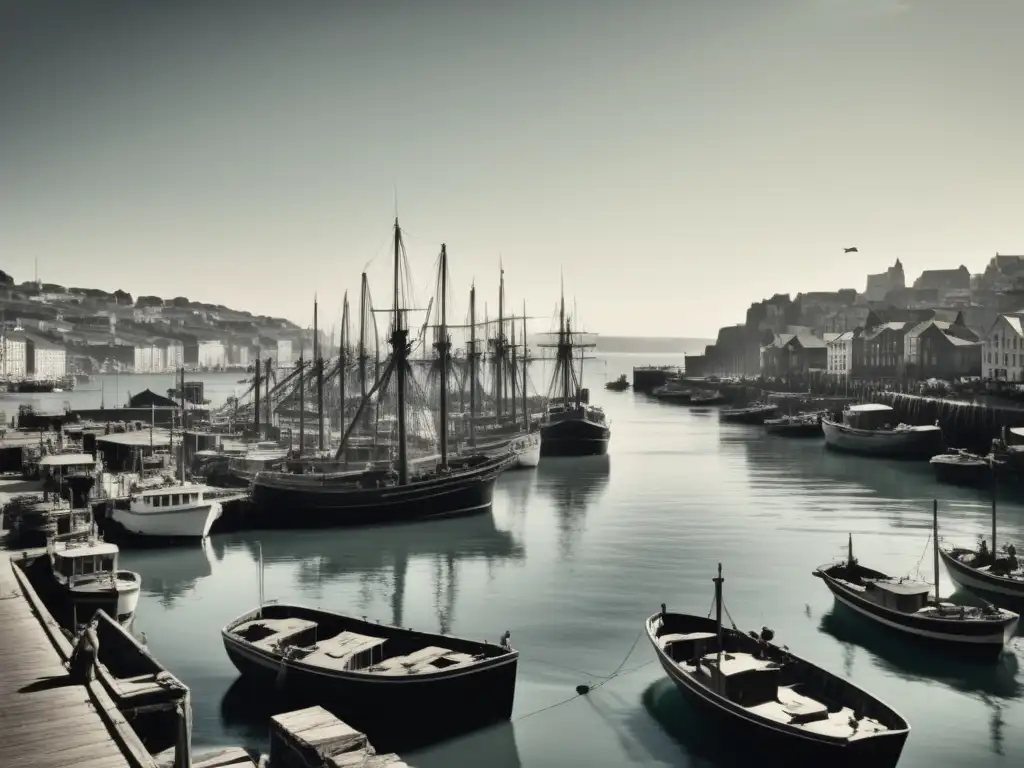 Fotografía en blanco y negro de un puerto animado del pasado Los barcos de pesca a través de la historia - Una imagen detallada de un puerto antiguo con barcos, pescadores y un faro