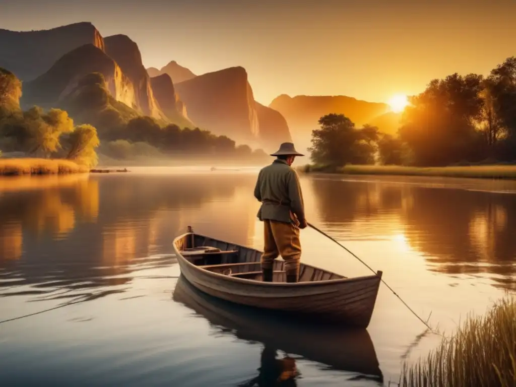 Técnicas de pesca en ríos y mares: Experto pescador en bote, atardecer dorado