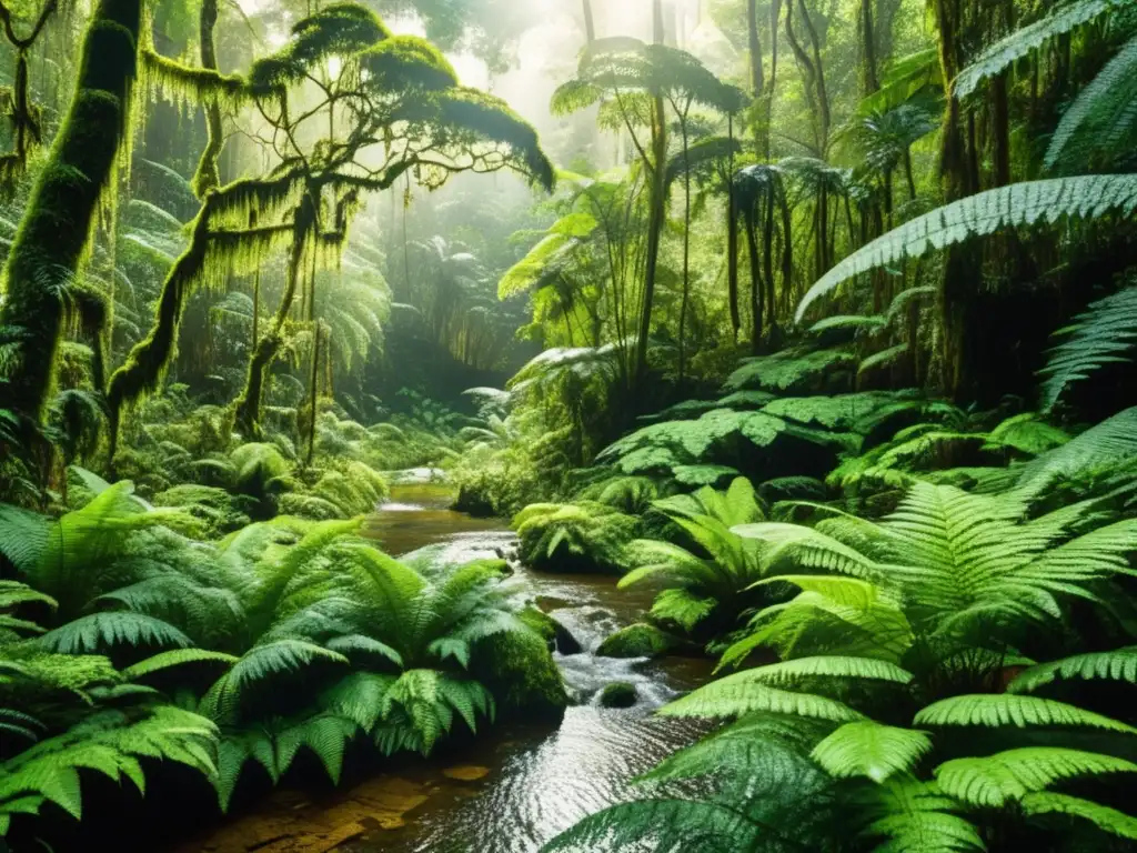 Un bosque tropical exuberante y vintage con árboles altos, un dosel denso y una corriente cristalina reflejando la vegetación