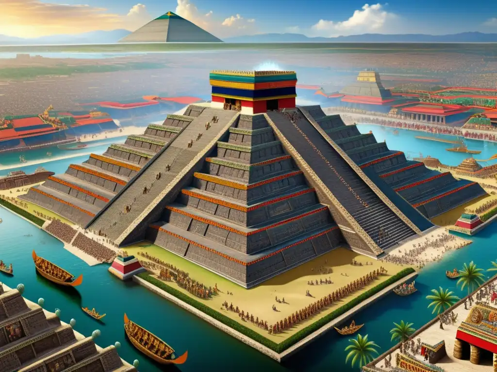 Imagen detallada de la antigua ciudad de Tenochtitlan, capital del Imperio Azteca