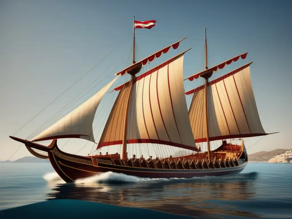 Trireme antiguo navegando en el mar Egeo Trireme antigua navegando en aguas griegas: espléndida embarcación con remos, velas y tripulación tradicional