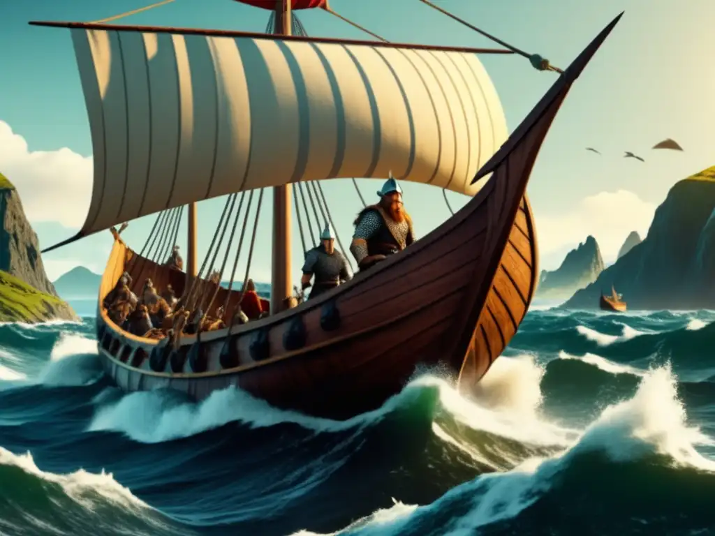 Ilustración vintage de un navío vikingo en aguas peligrosas