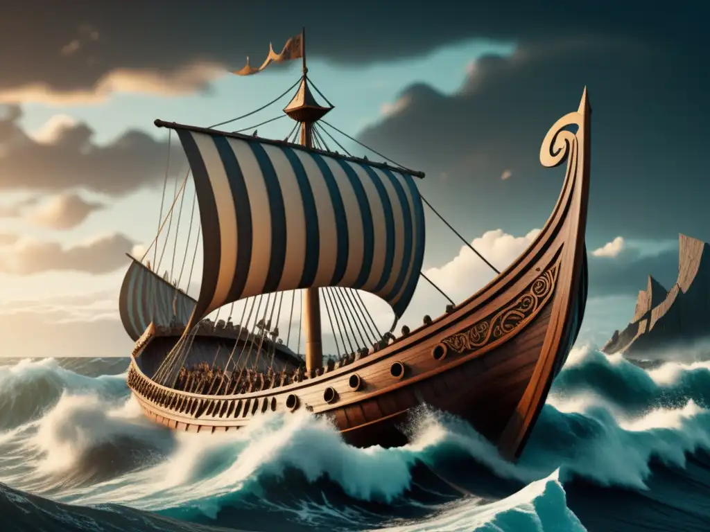 Vikingos en la Edad Media: Descubrimientos y Rutas que Impactaron el Mundo - Ilustración detallada de un barco vikingo navegando por mares agitados