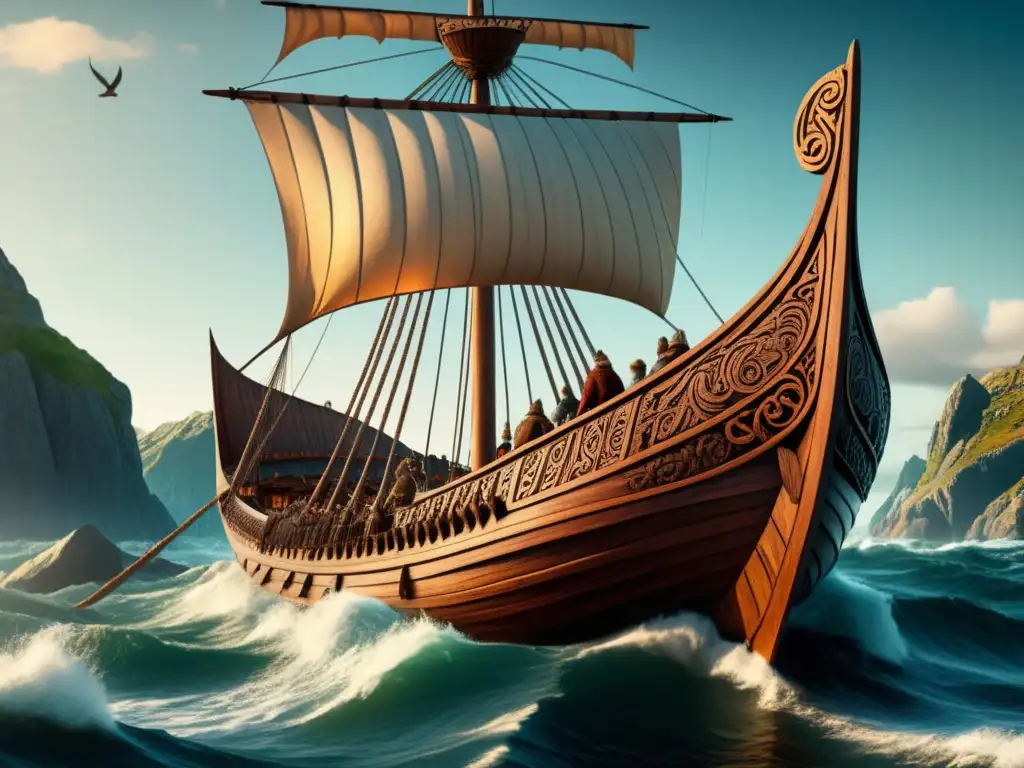 Imagen de un barco vikingo en el mar durante la era vikinga con paisaje y vikingos a bordo