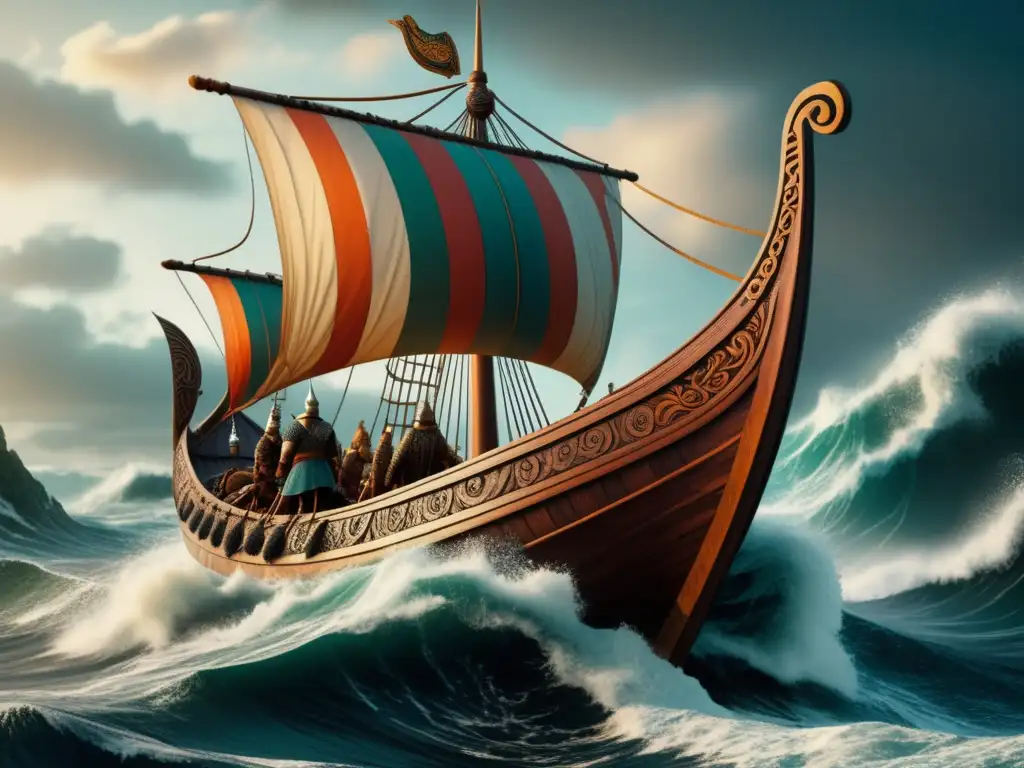 Ilustración vintage de un majestuoso barco vikingo navegando en aguas turbulentas - Los Vikingos: Revelando los Secretos de sus Grandes Expediciones