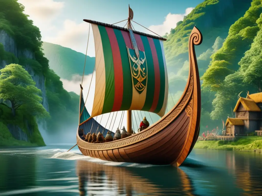 Ruta terrestre vikinga: Longship navegando en un río rodeado de bosques verdes con tripulación vikinga, paisajes y asentamientos