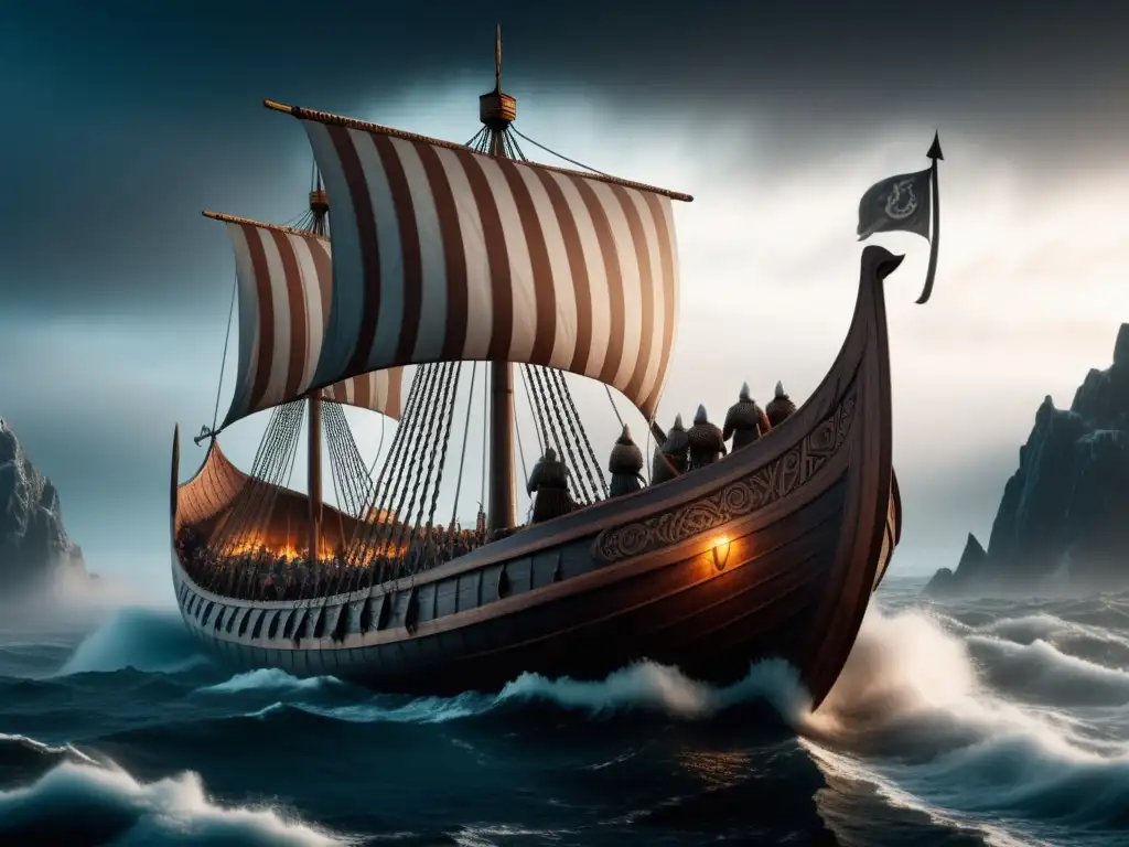 Escena dramática de un barco vikingo en aguas turbulentas - Expediciones vikingas de la Edad Media