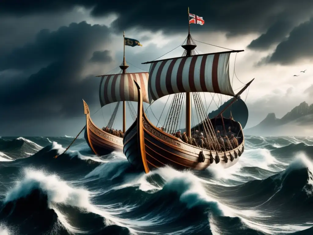 Imagen de expediciones vikingas en alta resolución con barcos, tormenta y paisaje histórico