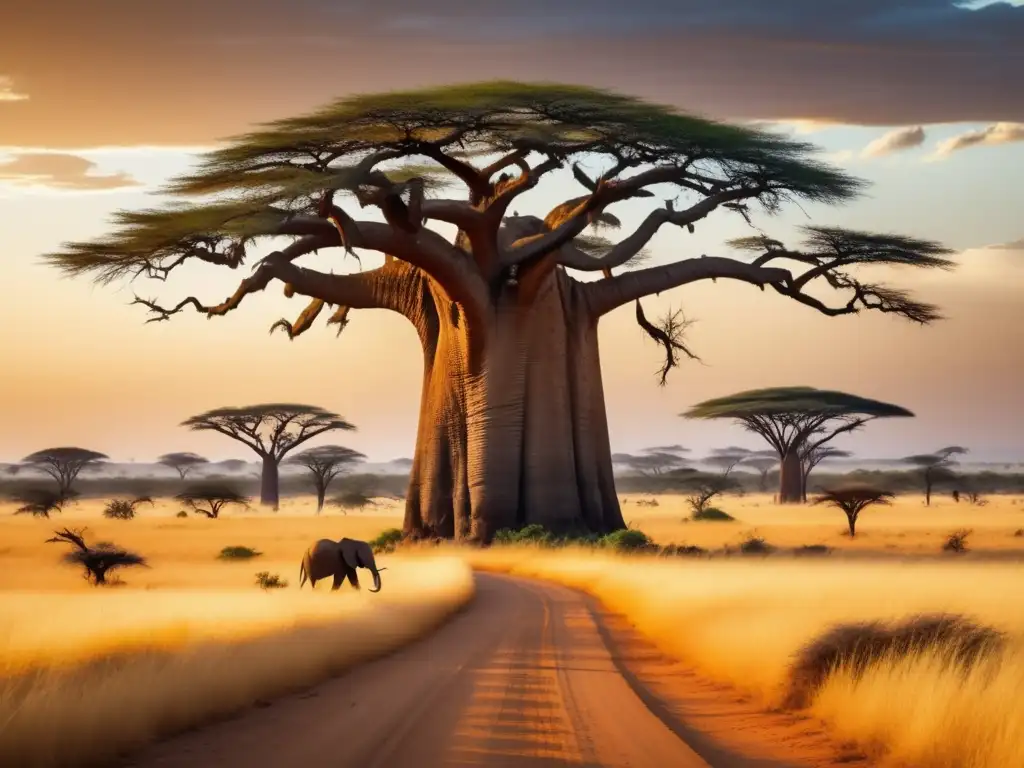 Imagen de la naturaleza africana con baobabs, elefantes y atardecer