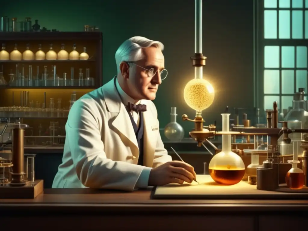 La Controversia de la Penicilina: Un retrato de Alexander Fleming en su laboratorio, rodeado de instrumentos científicos y libros antiguos