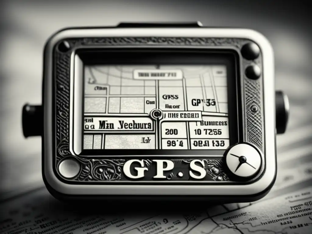 Imagen vintage de un GPS retro en blanco y negro con detalles intrincados y encanto nostálgico