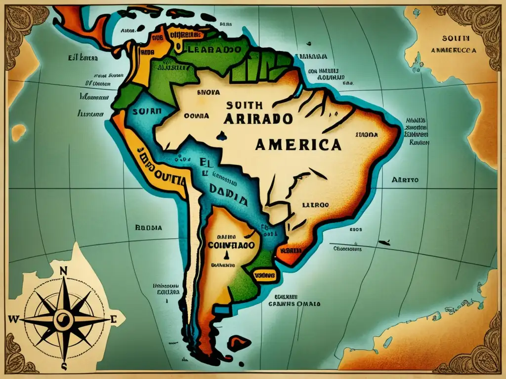 Mapa vintage de Sudamérica con detalles intrincados, tonos cálidos y la historia no contada de Pedro de Ursúa y su expedición a El Dorado