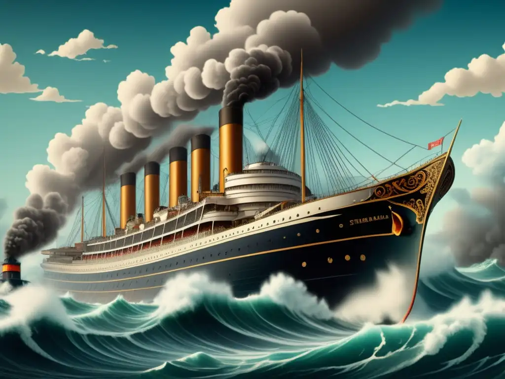 Ilustración vintage de un barco de vapor cortando olas en un vasto océano; impacto de la exploración tecnológica en la navegación