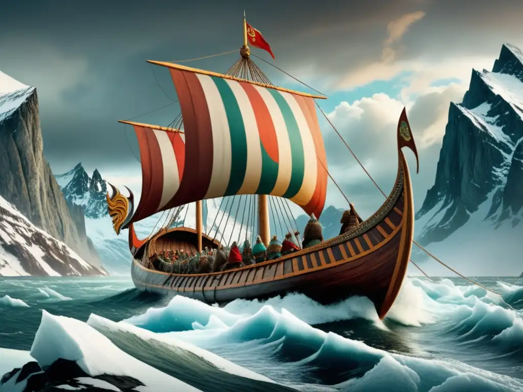 Imagen de una expedición vikinga en un barco largo navegando por aguas heladas, rodeado de montañas nevadas y acantilados escarpados