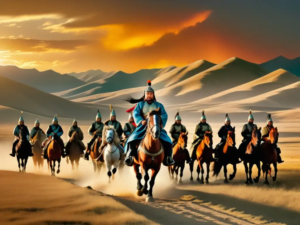 Genghis Khan liderando su ejército en las estepas de Mongolia al atardecer, muestra su poder y el descubrimiento de su imperio