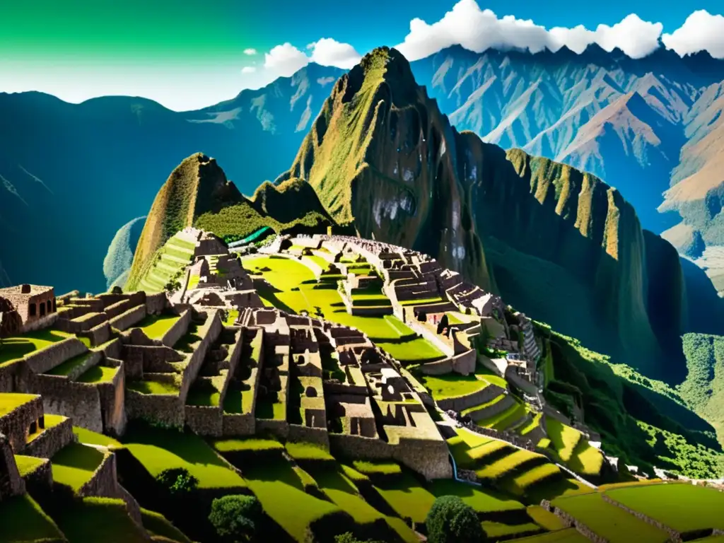 América precolombina: imagen panorámica del vasto Imperio Inca, con majestuosas montañas, valles verdes, ríos y ciudades antiguas