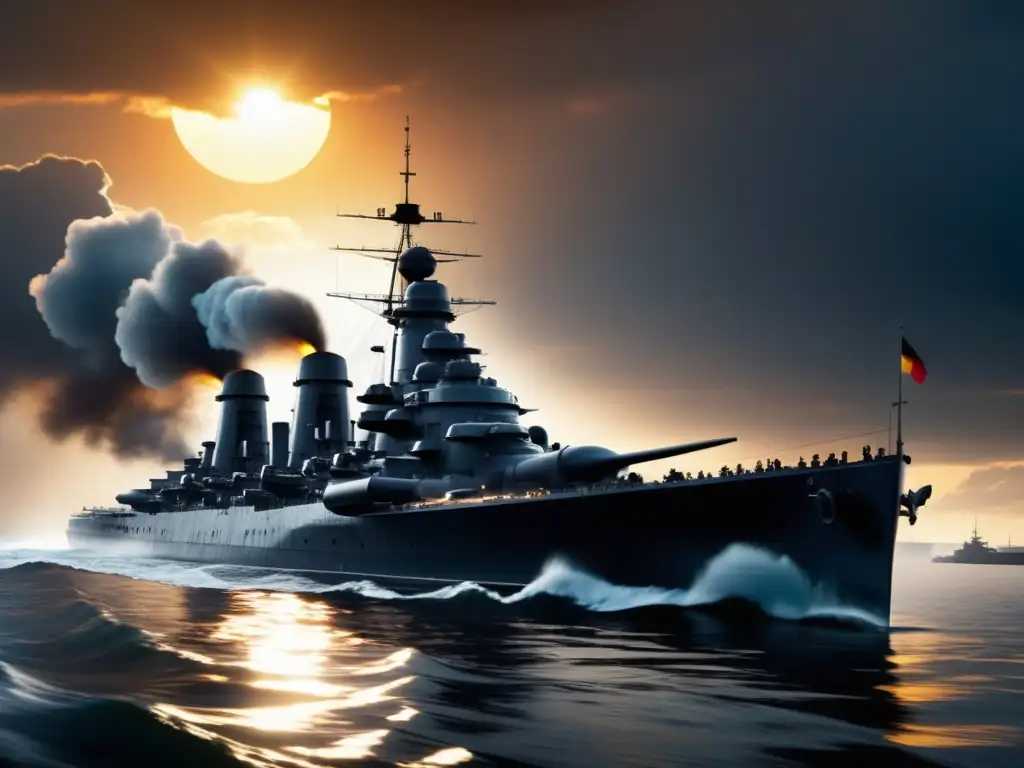 Imponente acorazado Bismarck en la Segunda Guerra Mundial Imagen detallada del acorazado alemán Bismarck durante la Segunda Guerra Mundial, rodeado de un escenario vintage dramático