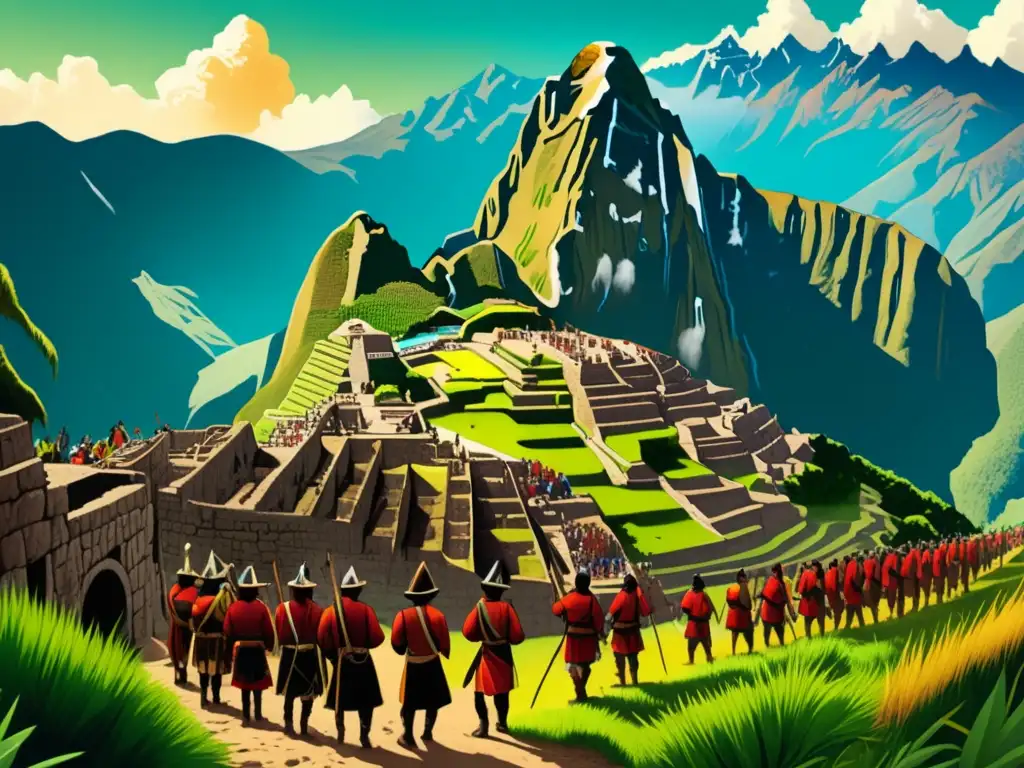 Expedición Inca: Ilustración detallada de la batalla histórica entre los Incas y los conquistadores españoles