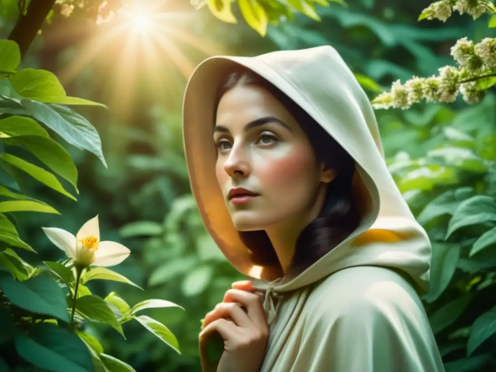 Jeanne Baret en su infancia, explorando un jardín vibrante rodeada de exuberante vegetación, con mirada curiosa en una flor