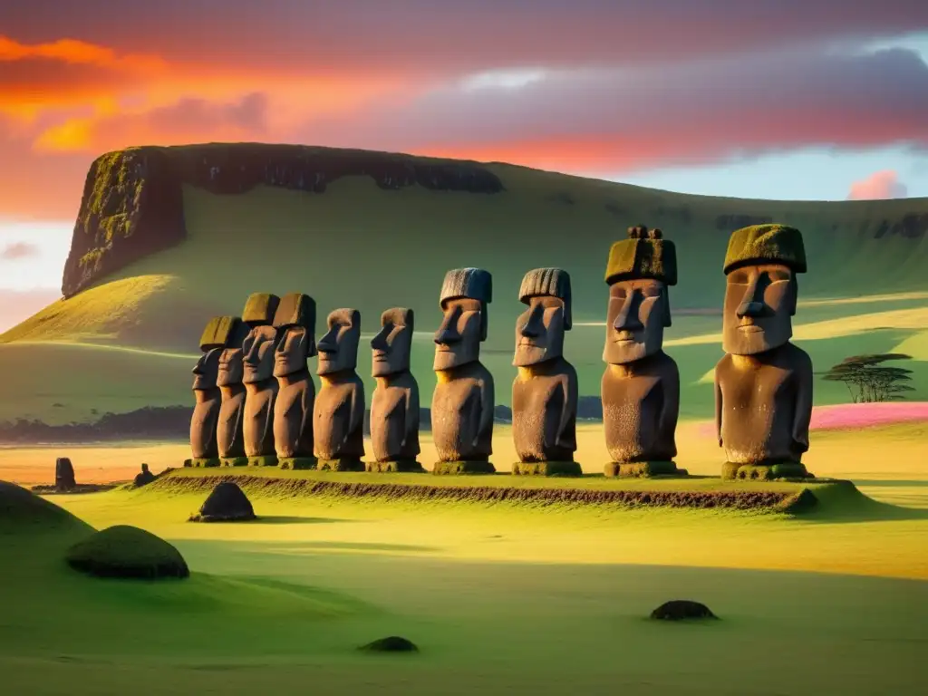 Paisaje misterioso de la Isla de Pascua al atardecer con estatuas moai y enigma de su descubridor