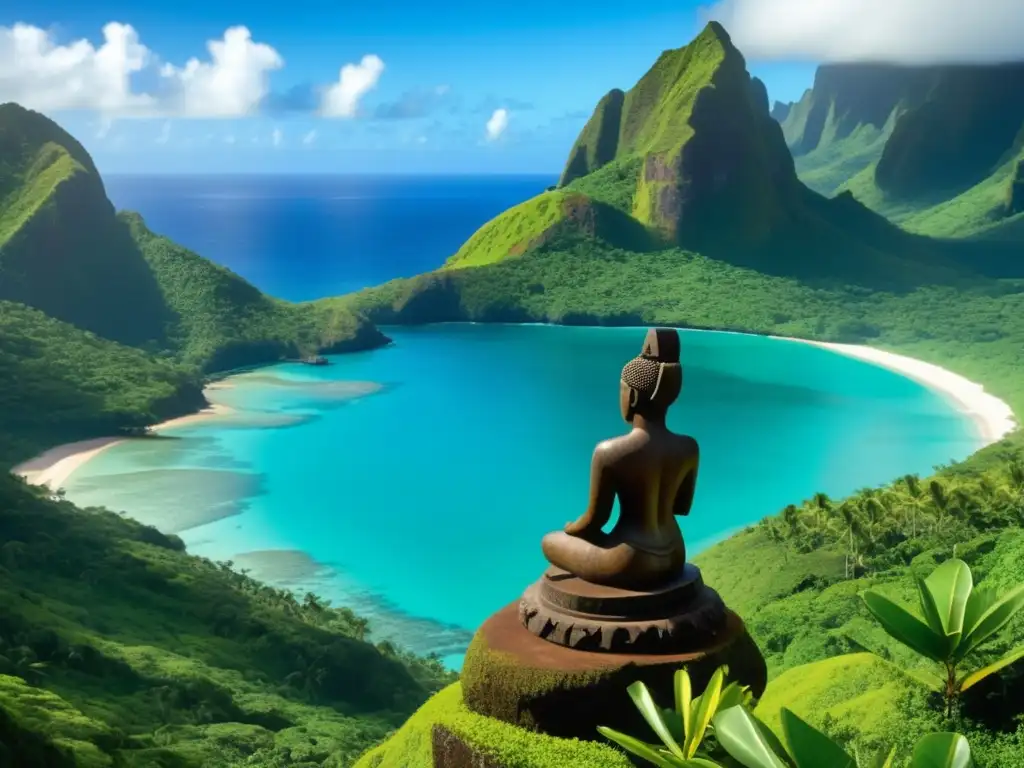 Intrigantes expediciones desvelan Islas Marquesas: vista impresionante de montañas verdes, aguas turquesas y estatua tallada