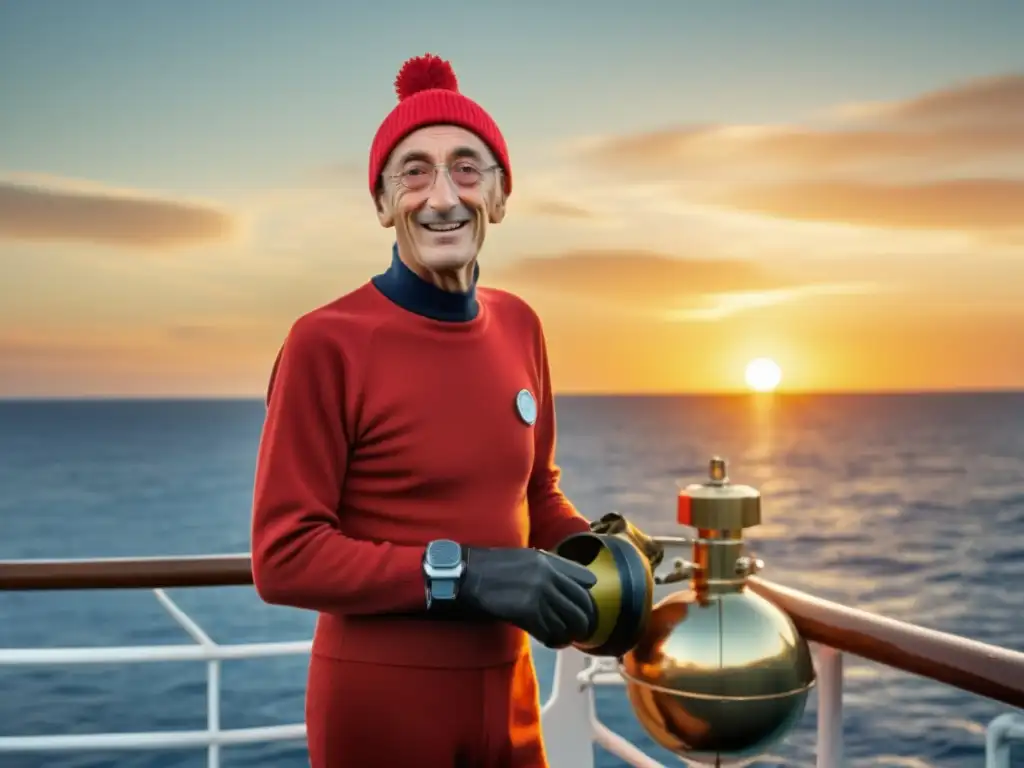 Las aventuras subacuáticas de Jacques Cousteau: imagen vintage con Cousteau en su barco, rodeado de vida marina en las Islas Galápagos