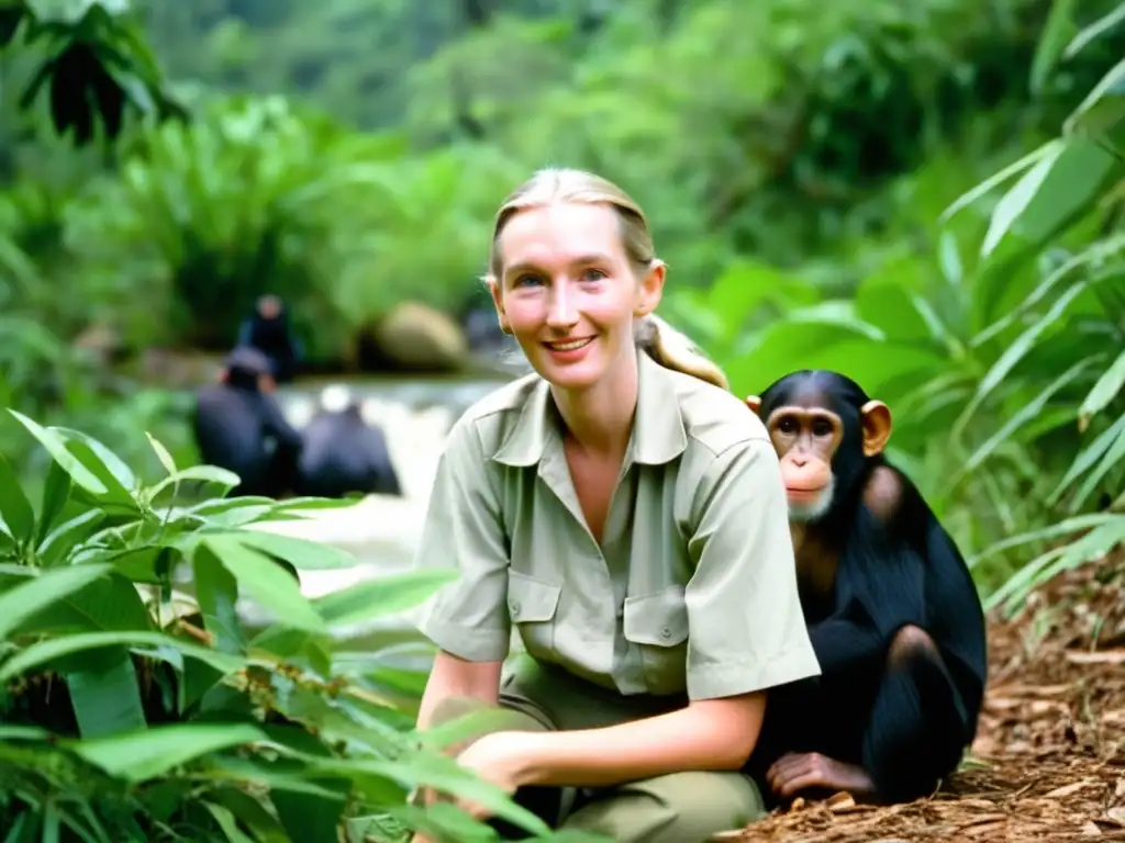 Jane Goodall en Gombe Stream National Park, observando a los chimpancés bajo un árbol