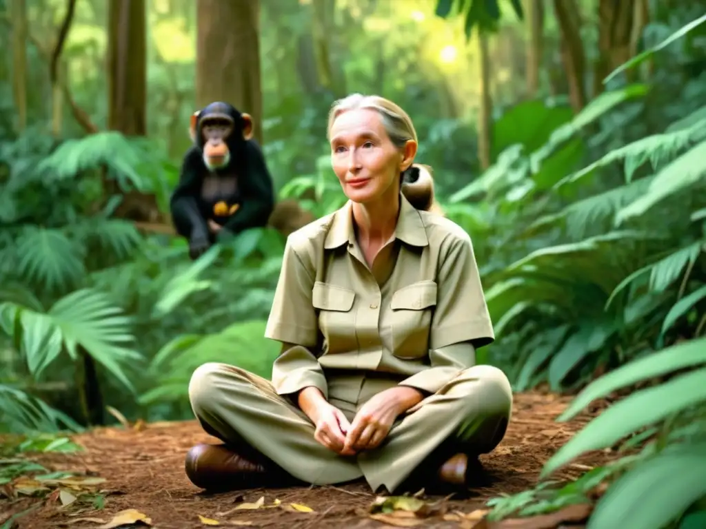 Jane Goodall estudiando primates en su hábitat natural