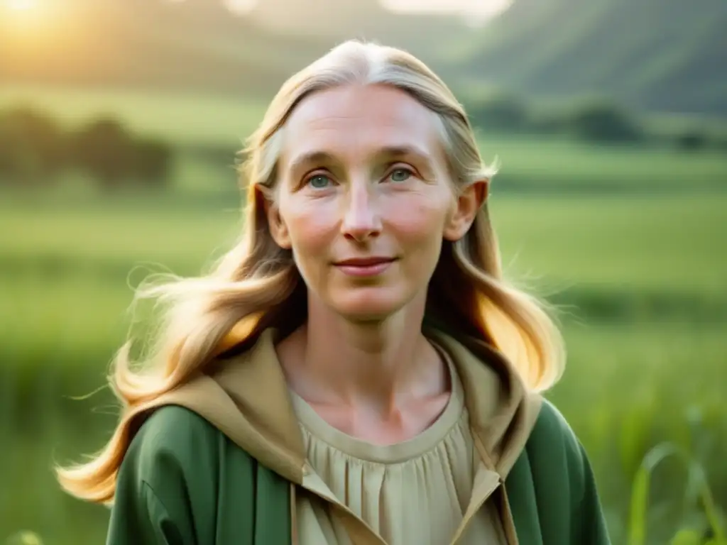 Fotografía vintage de Jane Goodall en la naturaleza, mostrando su curiosidad y pasión por el mundo natural