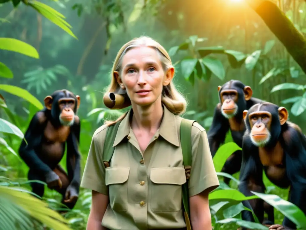 Jane Goodall en bosque con chimpancés, investigación y conexión profunda (8k vintage)