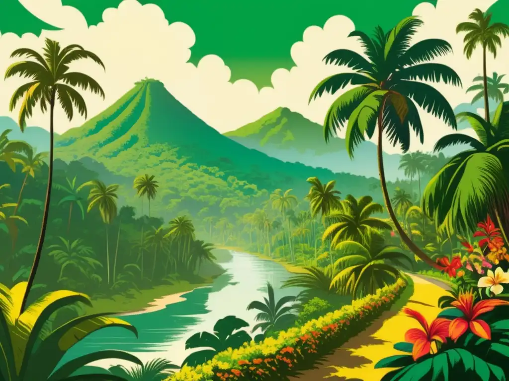 Ilustración vintage de paisaje tropical en Nueva Granada durante Expedición Botánica Mutis