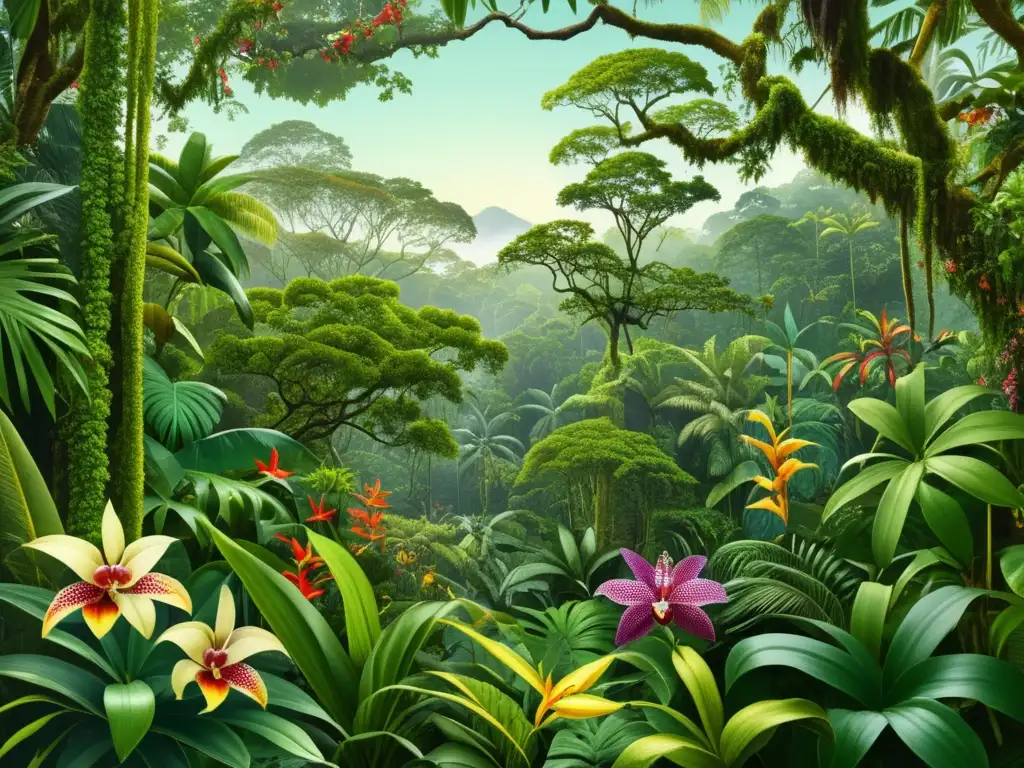 Ilustración botánica vintage de expediciones botánicas en selva tropical con plantas exóticas, árbol majestuoso, flores vibrantes y cascada serena