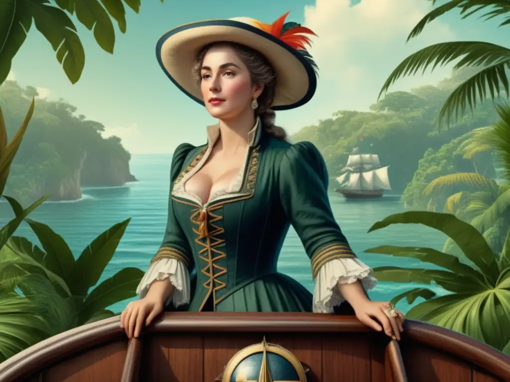 Jeanne Baret en un barco rodeada de vegetación tropical, vistiendo ropa del siglo XVIII y un sombrero de plumas