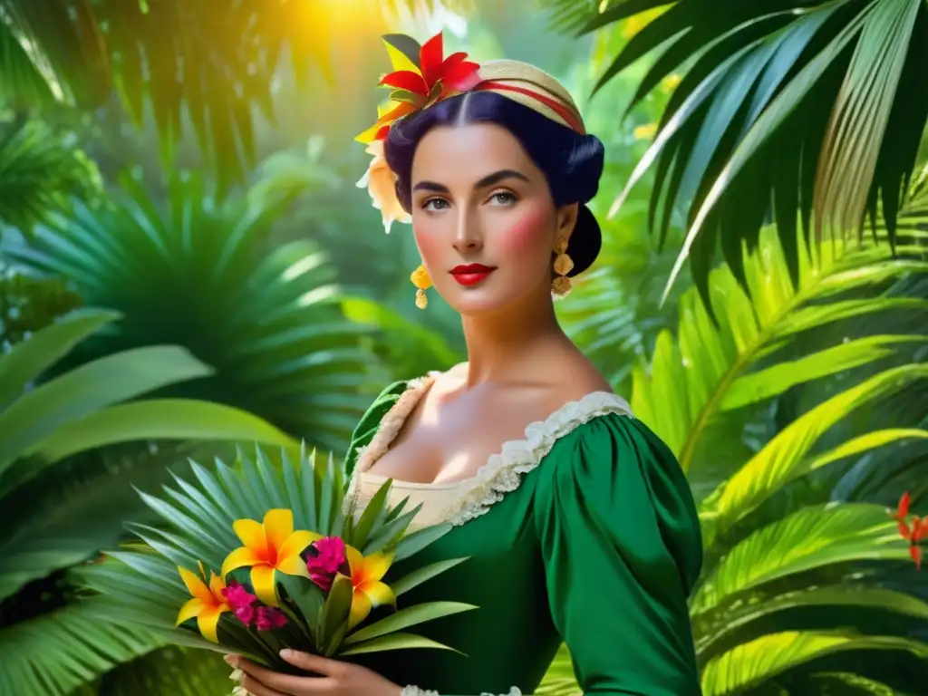 Jeanne Baret: aventura en paisaje tropical con flores exóticas, vestida elegante, resaltando su determinación y lucha por la igualdad