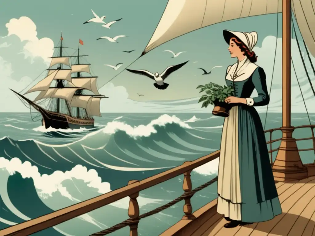 Jeanne Baret en barco con océano, vestida con bonete y sostiene planta (110 caracteres)