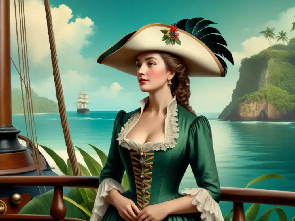 Jeanne Baret en un barco vintage rodeada de paisaje tropical, vistiendo un elegante vestido del siglo XVIII