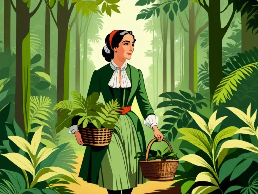 Jeanne Baret, pionera en botánica, rodeada de plantas exuberantes en un bosque antiguo