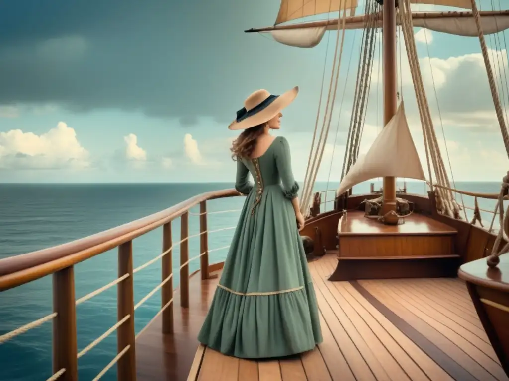 Jeanne Baret en un barco de vela, mirando al mar con determinación, capturando la esencia histórica y de exploración