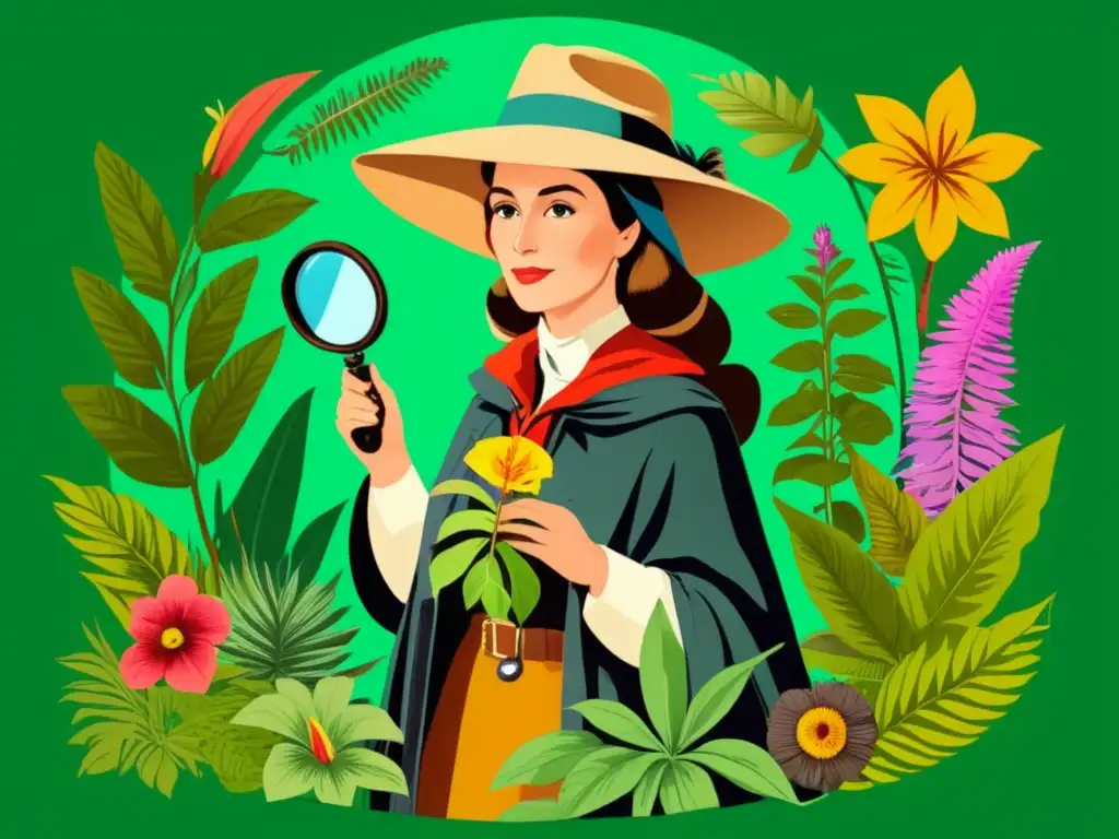 Jeanne Baret exploradora rodeada de plantas exóticas, con lupa y curiosidad