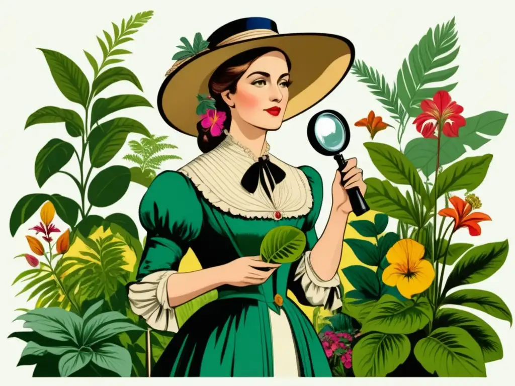 Ilustración detallada estilo vintage de Jeanne Baret en un exuberante jardín botánico rodeada de plantas exóticas