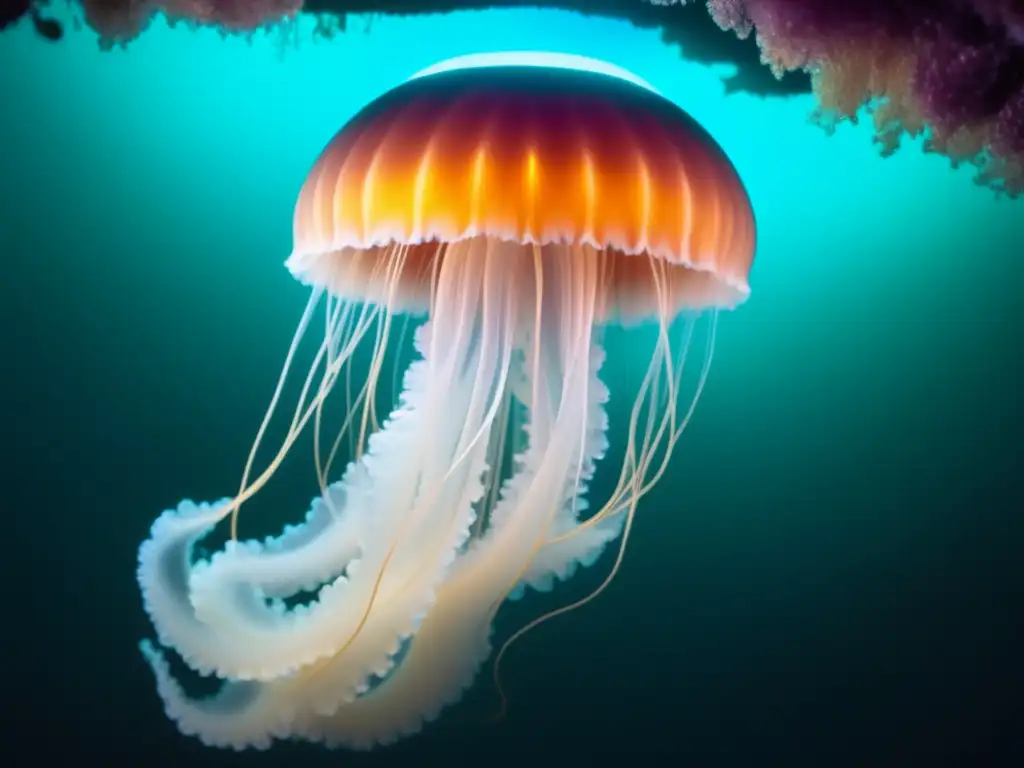 Intrigantes especies animales descubiertas en las profundidades marinas: Jellyfish vintage iluminada por bioluminiscencia