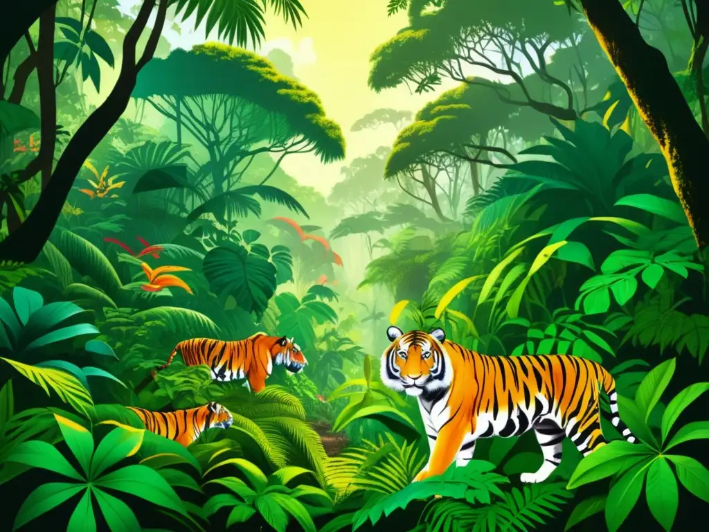 Jungla exuberante con animales salvajes: tigre, aves tropicales y monos