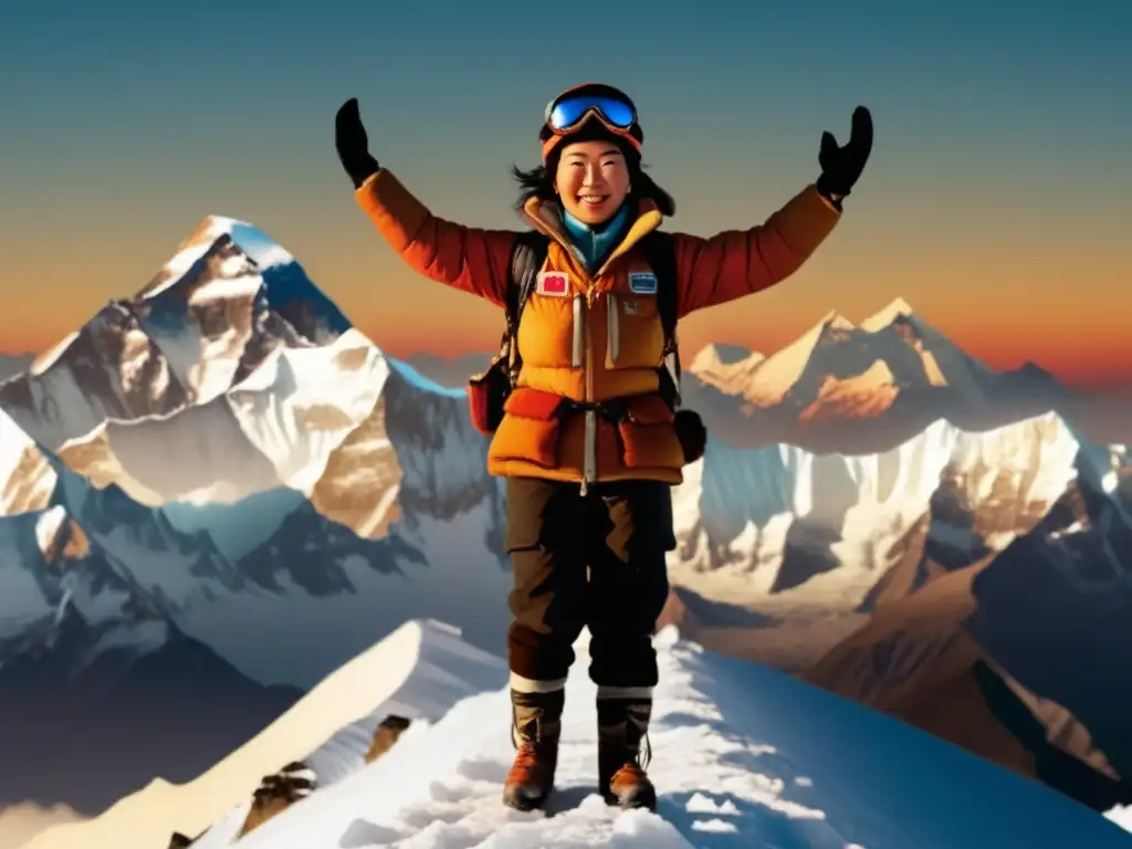 Triunfo en el Everest: Junko Tabei Junko Tabei: La mujer que conquistó el Everest, triunfante en la cima, rodeada de majestuosas montañas