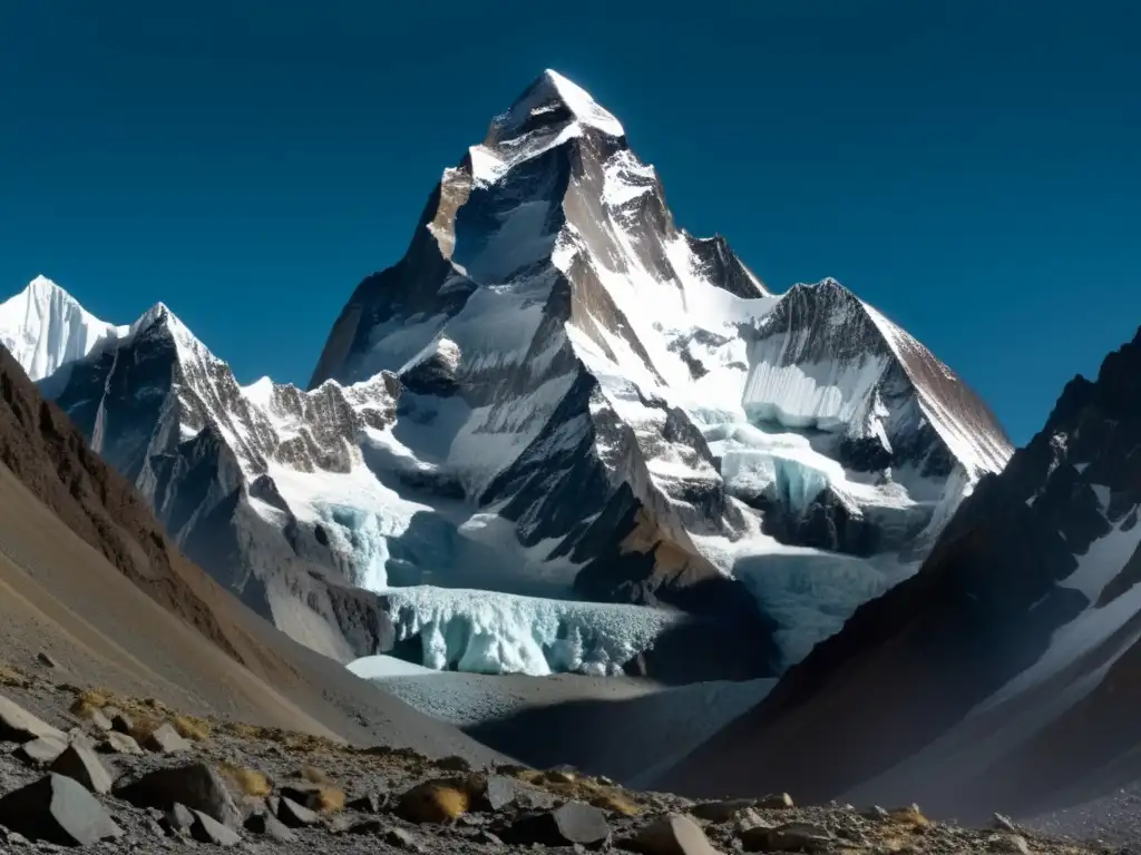 Foto vintage del magnífico pico del K2, aventura llena de peligros y descubrimientos