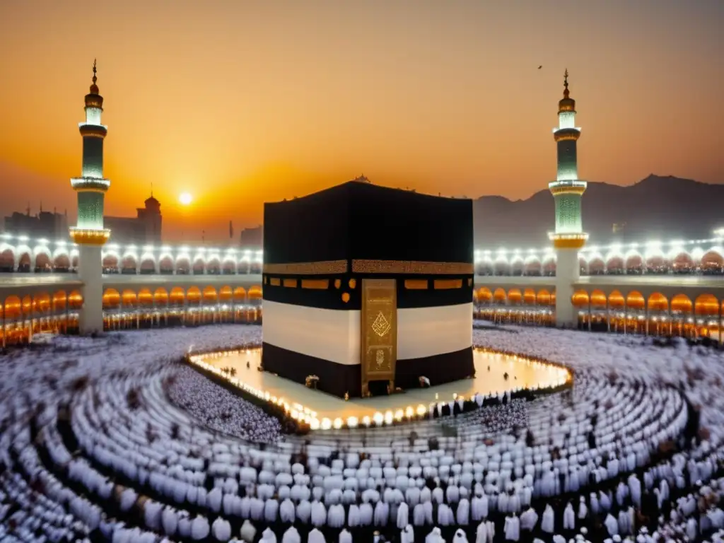 Vista panorámica de la Kaaba en la Gran Mezquita de La Meca, rodeada de peregrinos en el ritual de Tawaf