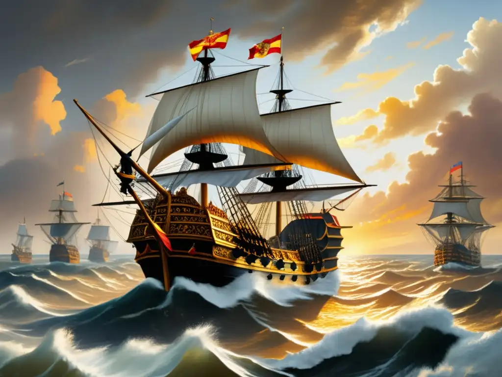 La Armada Invencible navegando hacia Inglaterra en el siglo XVI: una imagen detallada que muestra majestuosos galeones, banderas, cañones y remos